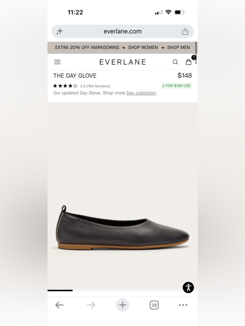 Everlane Black Italian leather day glove size 6